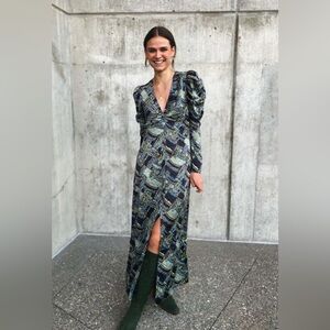 GANNI Crinkle Satin Maxi Dress Paisley Weave